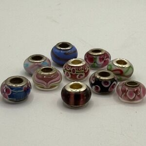 Murano Style Lampwork Glass Beads with .925 Sterling Silver Core‎ (10 Piece)